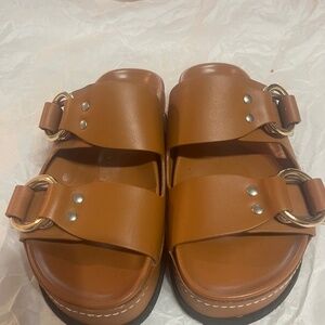 3.1 Phillip Lim Tan Double Buckle Platform Freida Slides in Tan
